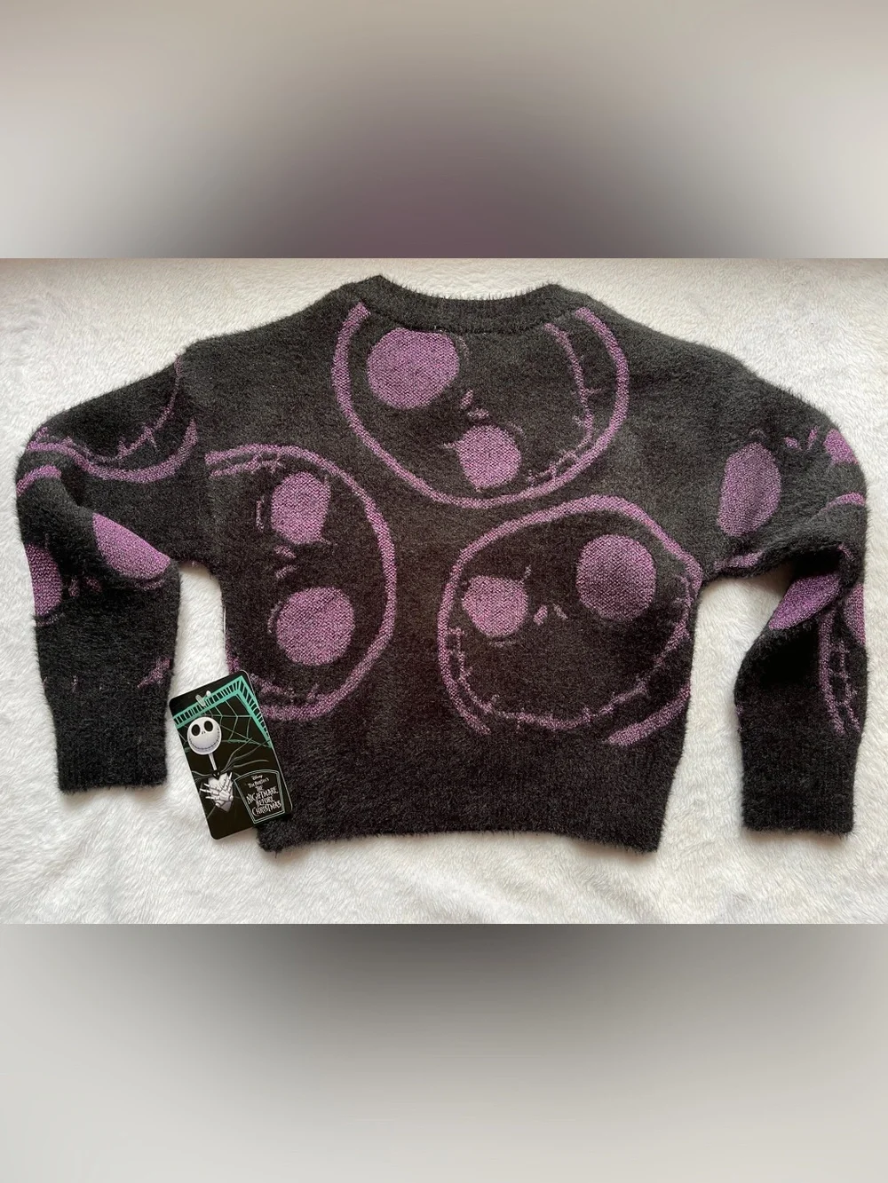 New Halloween Disney Skull Graphic Fuzzy Crewneck Sweater Black Purple S (6/6X)